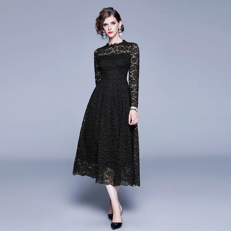 

DROWYD Lace Floral Midi Dress Women Fashion Girl Casual New Black Bohemian Long Sleeve Dress Elegant Club Party Dresses Vestidos