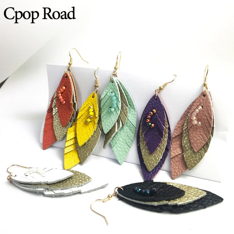 Cpop, новинка, три слоя, натуральная кожа, серьги для женщин, модные серьги в виде листьев, модное ювелирное изделие, женские серьги, аксессуары, подарки