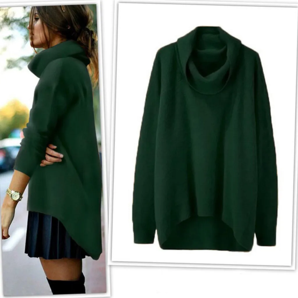 Модный женский свитер однотонный высокий воротник асимметричный подол длинный