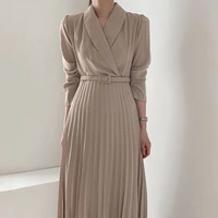 spring autumn elegant v neck long pleated dress for women korean style long sleeve office wear dress ladies chic vestidos