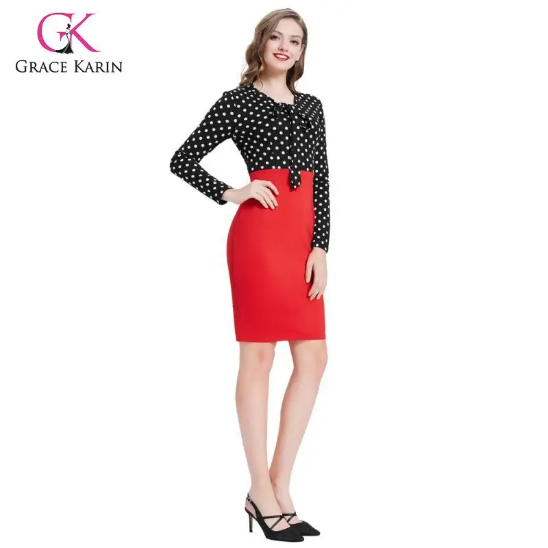 Grace Karin Pencil Dress Women Long Sleeve V Neck Polka Dot 2020 New Autumn Office Work Front Tie Slim Party Dresses | Женская одежда