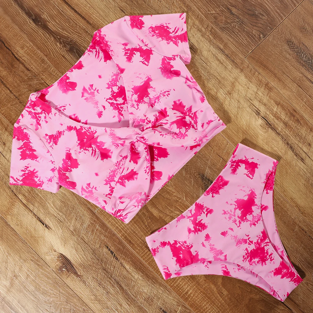 Женский леопардовый купальник с V-образным вырезом и коротким рукавом | Женская