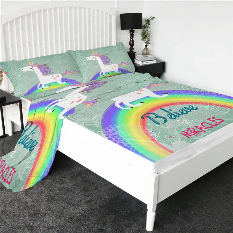 Green unicorn BeddingOutlet простыня с мультяшными котами, цветная простыня с единорогом, плоский лист с наволочкой, постельные принадлежности, 4 шт., наматрасник - Цвет: Green unicorn