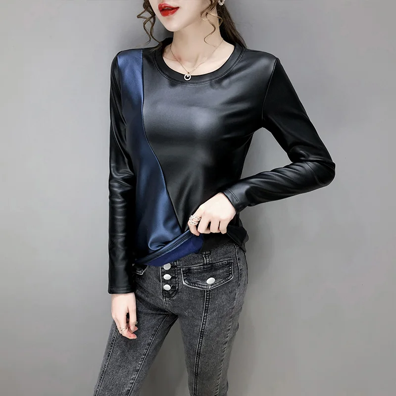 Winter Women's Blouse Leather Tops for Women Patchwork Plus Size 4XL PU Leather Shirt Women Elastic Warm Velvet Top Women Shirts