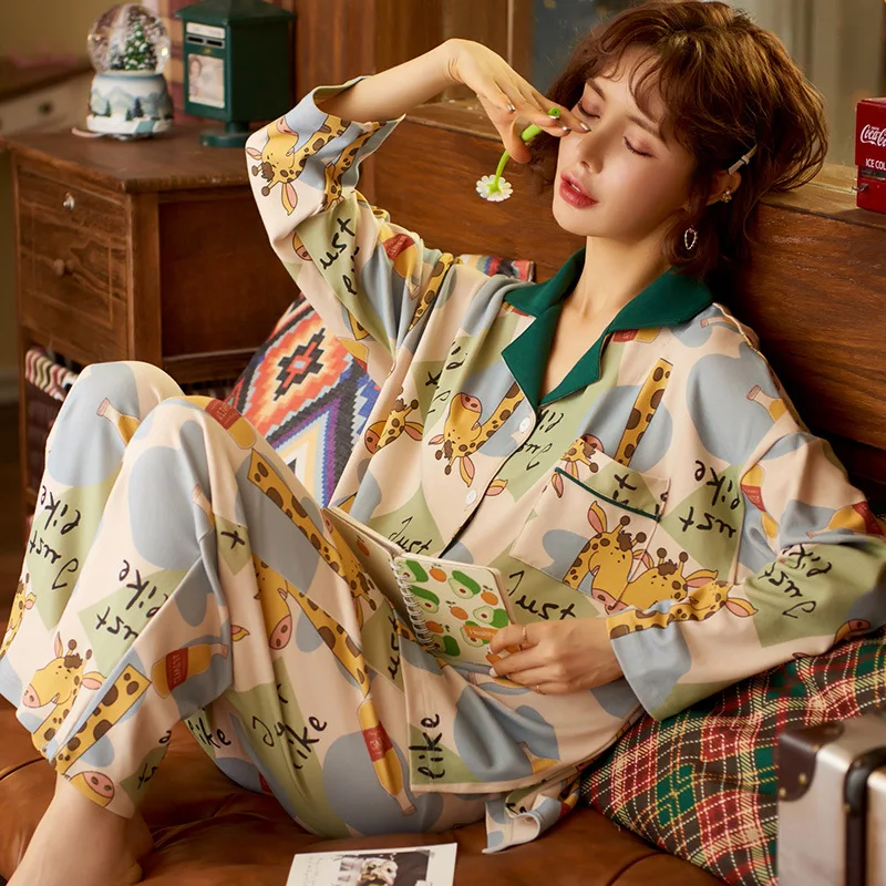

Autumn Pajamas Set Women Comfortable Cotton Viscose Pocket Pijamas Long Sleeve Tops with Long Trousers Ladies Pyjamas Homewear