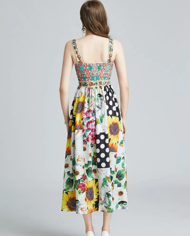 

Fashion women Spaghetti Strap Backless Sunflower Print Patchwork Beach Boho Party Long dress