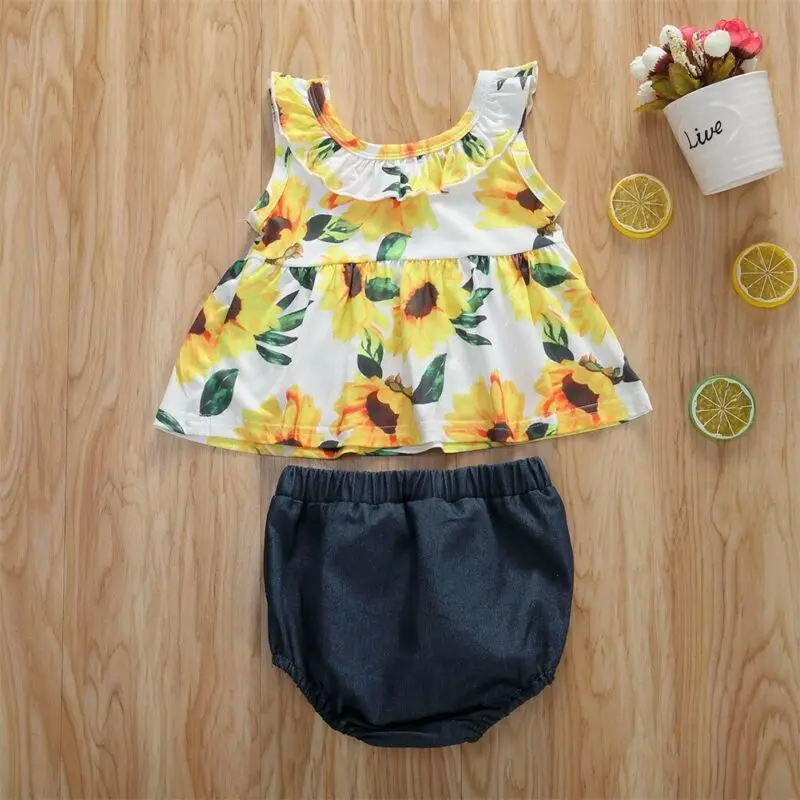

Fashion Summer Newborn Toddler Baby Girls Folral Outfit Vest Tank Tops +Solid Short Pants 2PCS Outfits Set