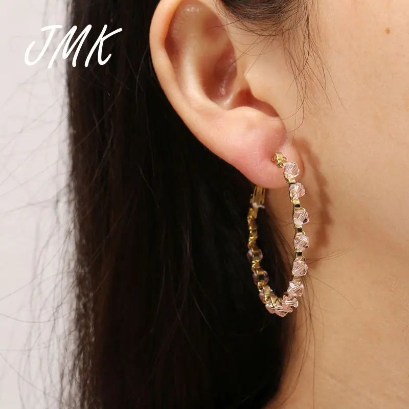 

JMK Cute Pink Crystal Bead Hoop Earrings 18k Gold Korean Exquisite Romantic Elegant Jewelry For Women Bridal Wedding Party Gift
