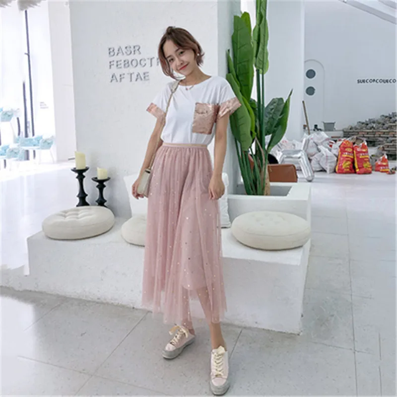 Женский летний комплект из 2 предметов милая хлопковая Футболка с блестками и