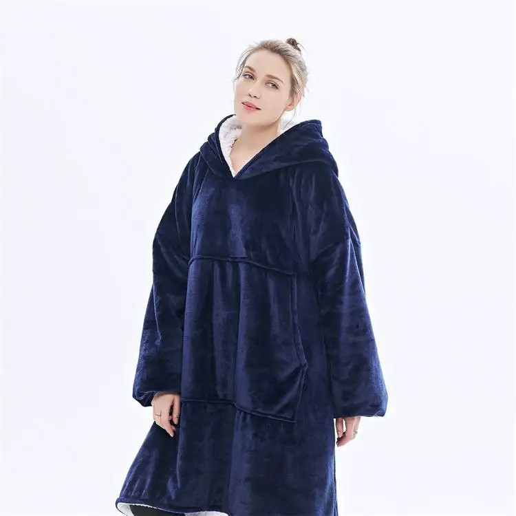 navy blue Зимнее плотное удобное одеяло с рукавами для взрослых, детское уличное флисовое утяжеленное одеяло s Beds, дорожная толстовка, однотонное теплое одеяло с капюшоном - Color: navy blue