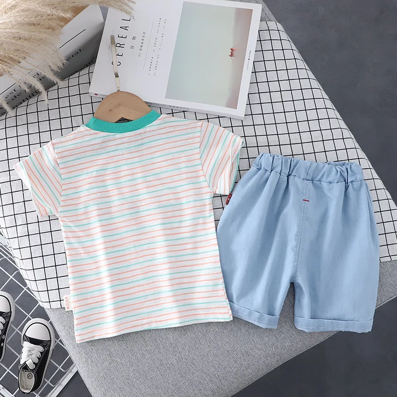 

New Fashion Summer Cartoon Baby Boys Clothing Sets Toddler Girls Striped T-shirt +letter Denim Shorts Kids Suits Casual Clothes