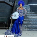 Великолепные ярко-синие официальные платья с кристаллами с длинным рукавом Русалка атласные бусины на заказ Длинные женские вечерние платья Aso Ebi