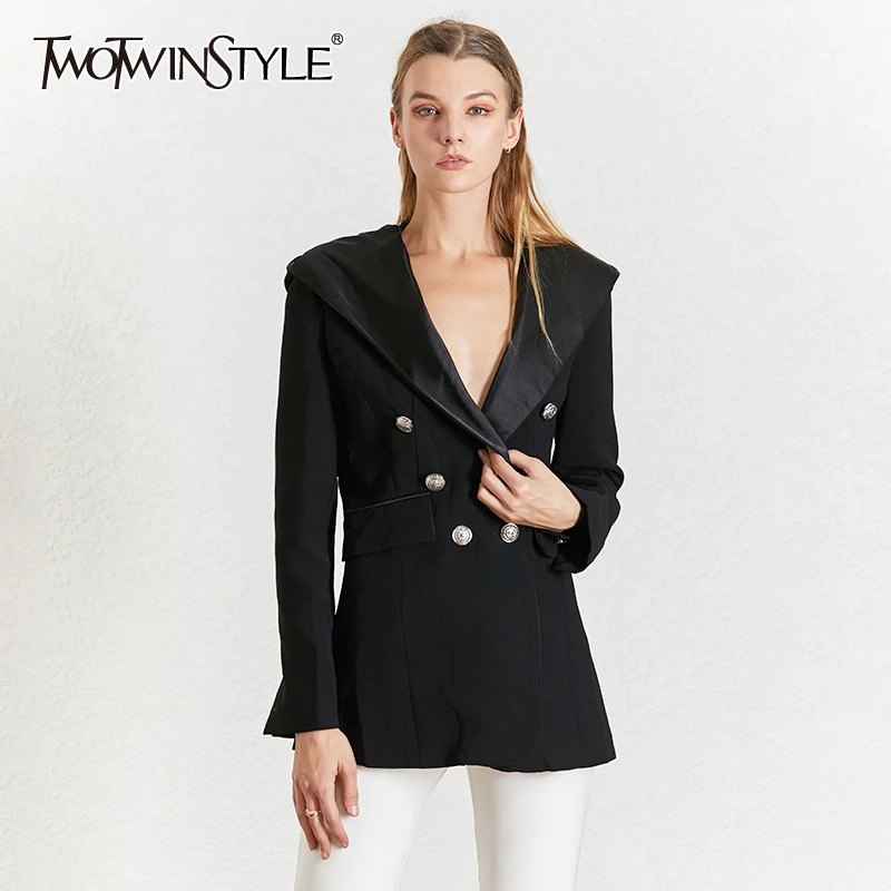 TWOTWINSTYLE элегантный черный Женский блейзер зубчатый воротник длинный рукав