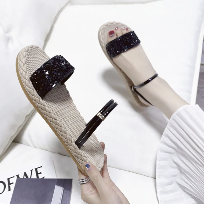 

women casual slippers summer flat shoes women's platform flat shoes ladies Soft bottom fashion Sequins outdoor Shoes Girl black