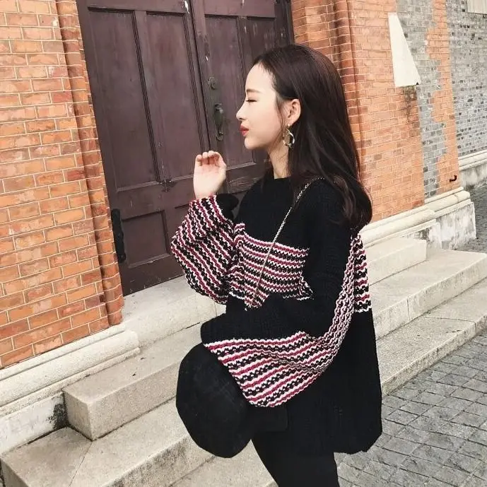 

2021 Women Early Spring New Korean Striped Sweater Tops Female Loose Pullover Knitted Tops Ladies O-neck Patchwork Jumpers P299