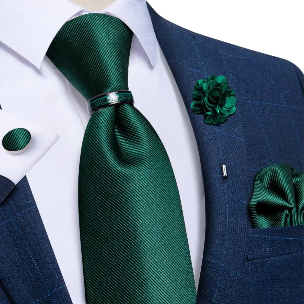 

Green Solid Men's Ties Brooch Handkerchief Cufflinks Wedding Party Ties For Men Stainless Steel Dragon Ring Men Accessories Gift