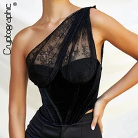 cryptographic fashion black velvet lace corset top for women party sexy backless boned crop tops clubwear sleeveless tops zipper