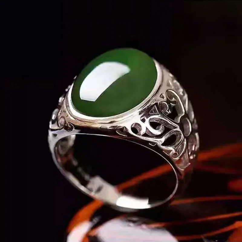 Мужское серебряное кольцо с нефритом из натурального зеленого нефрита 12*16 мм 10