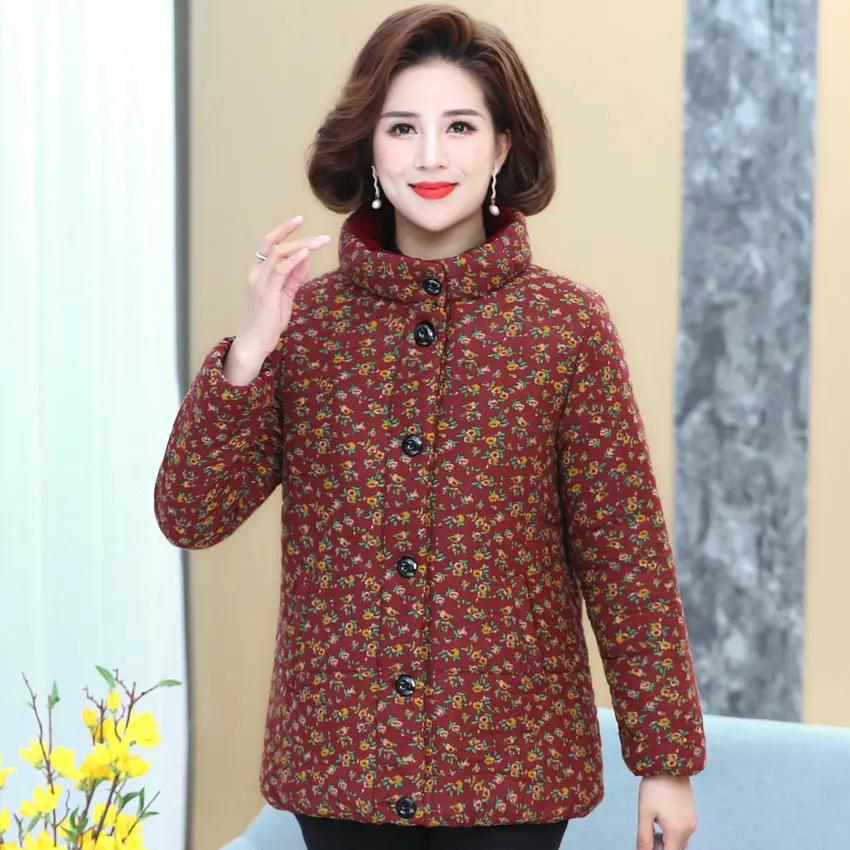 

Middle Aged Women Retro Quilted Basic Coat Winter Cozy Puffer Parkas Mature Lady Small Flower Warm Thick Padded Outerwear Mother