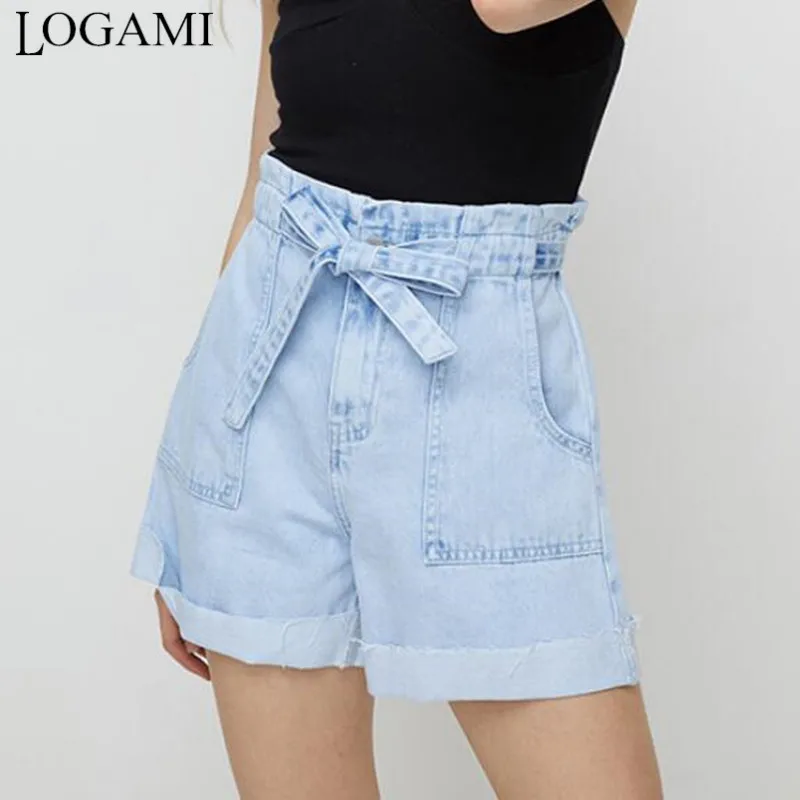 

LOGAMI Short Jeans Sashes Crimping High Waist Shorts Women Summer Straight Denim Shorts