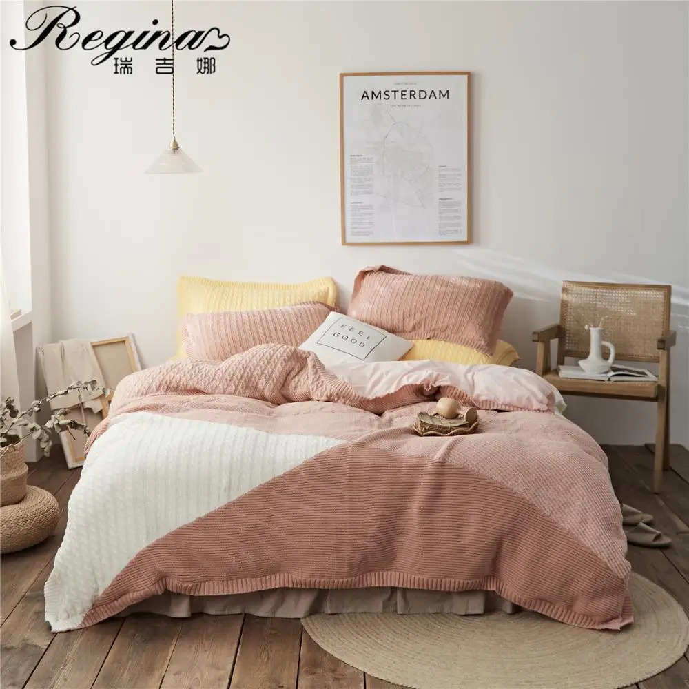 

REGINA Brand Cozy Home Pink Bedding Set Top Quality Nordic Milk Cashmere Knit Pillowcase,Sheet,Duvet Cover Sweet Women Bed Set