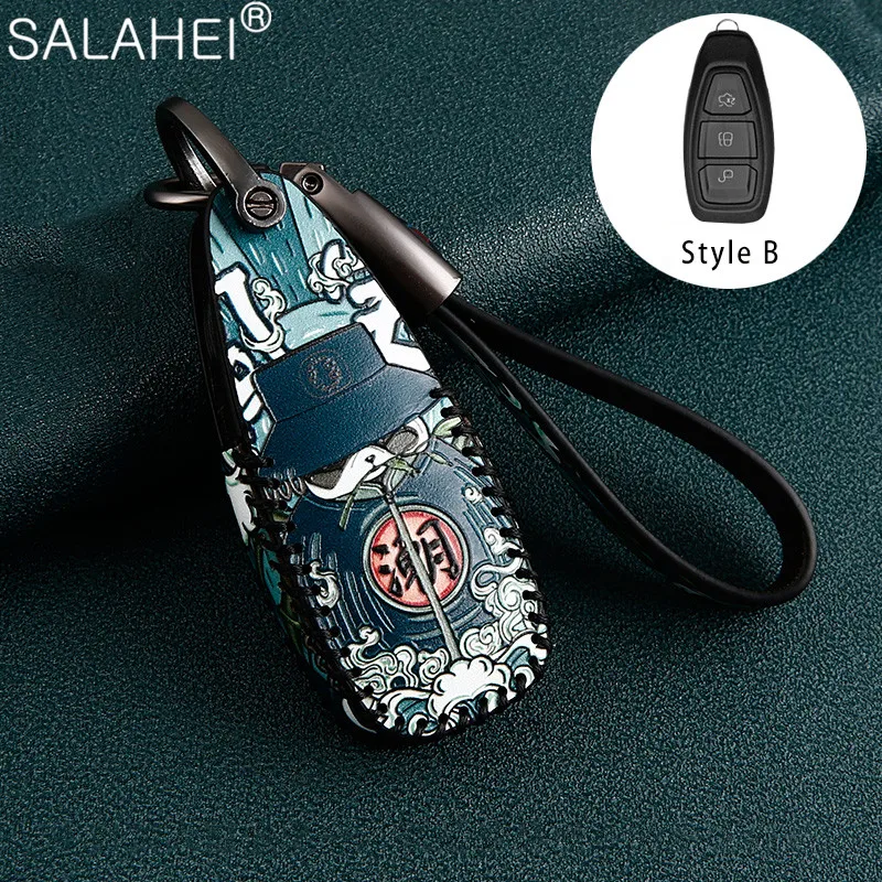 

Leather Remote Control Car Key Case Cover For Ford Focus 3 4 MK3 ST RS Kuga Escape Ecosport Fiesta 3 Button Keychain Car-Styliny