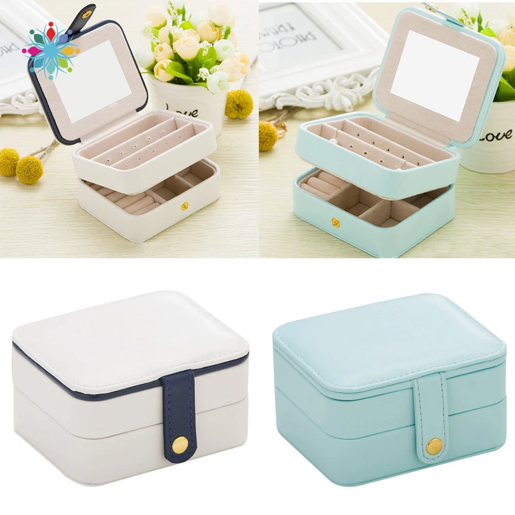 

PU Storage Jewellery Box For Ring Necklace Earrings Two Layers Jewelry Organizer Box With Mirror Portable Makeup Jewelry Case