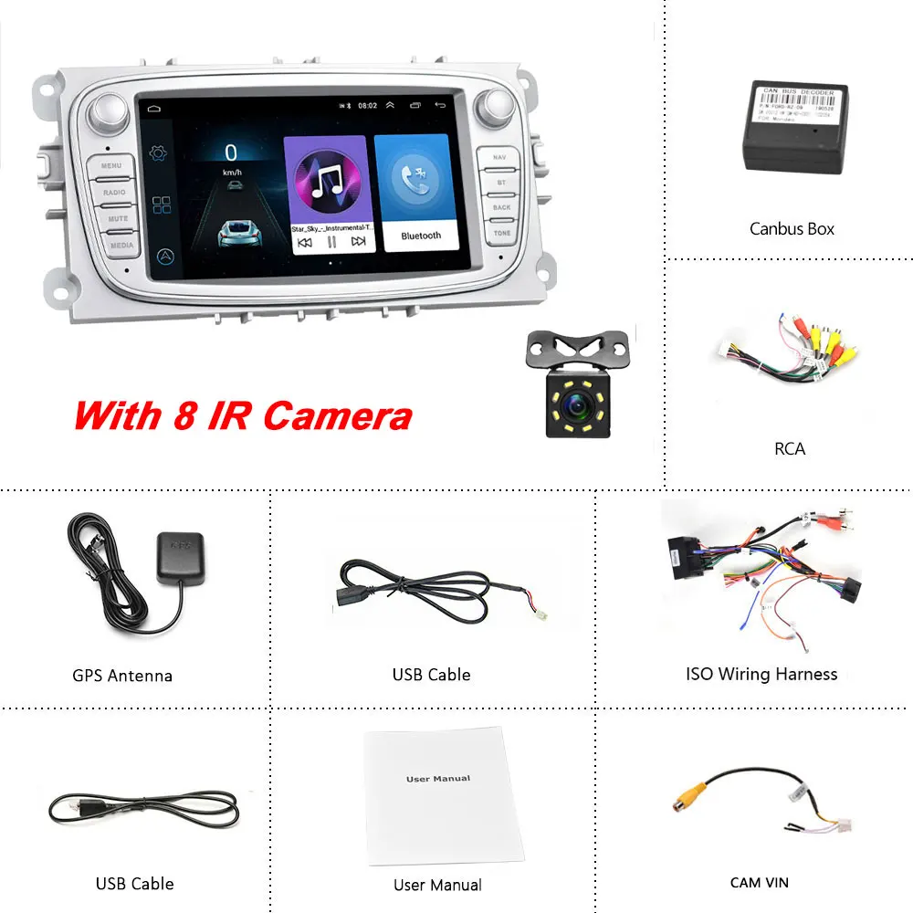 Silver With 8 IR Camecho Android 8,1 Автомобильный мультимедийный плеер gps автомобильный Радио 2 Din dvd Авторадио для FORD/Focus 2 Mk2/Mondeo/S-MAX/C-MAX/Galaxy DVR - Цвет: Silver With 8 IR