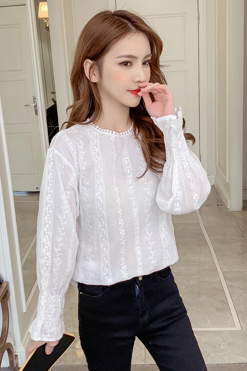 

COIGARSAM Full Sleeve blouse women Spring Lace blusas womens tops and blouses White 9668