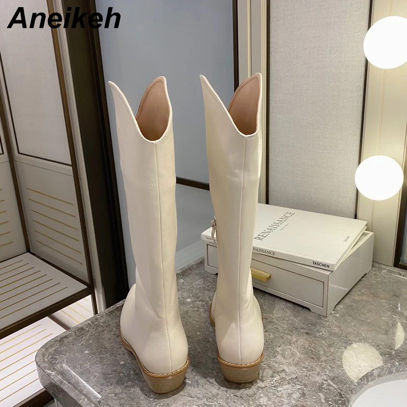 

Aneikeh 2021 Winter Chelsea Boots Fashion Pointy Women's Middle Boots Shoes Soft Leather Riding Shoes Square Heel Solid Zipper