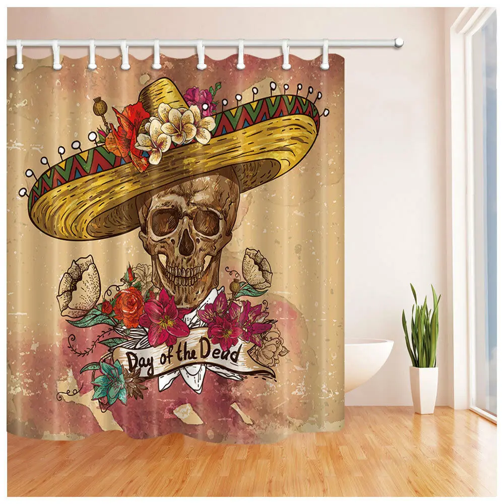 

Mexico Dead Day Skull In Sombrero With Flowers Fabric Shower Curtain