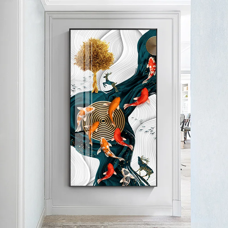 Золотистый красный карп олень ежегодное кольцо Дерево Птицы Искусство на холсте