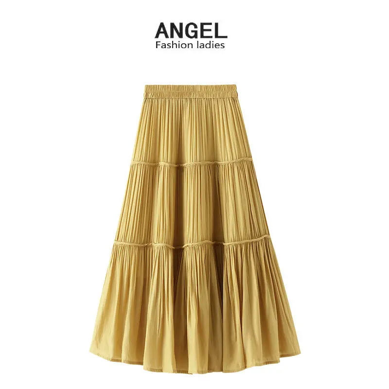 Ladies Korean Version Of Pure Color Cake Pleated Skirt Fashion Girly Style Sweet Mesh Stitching High Waist Pleated Midi Skirt