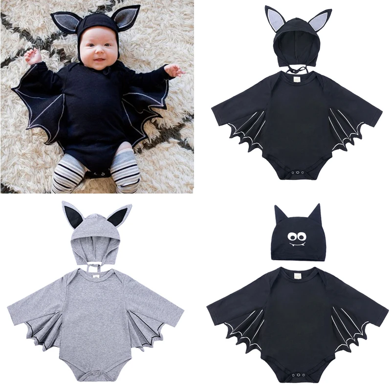 Infant Baby Halloween Clothing Black Bodysuit Bat Design Bebe Boy Girl Cotton Jumpsuit With Hat 2pcs Set Hallowmas Costumes