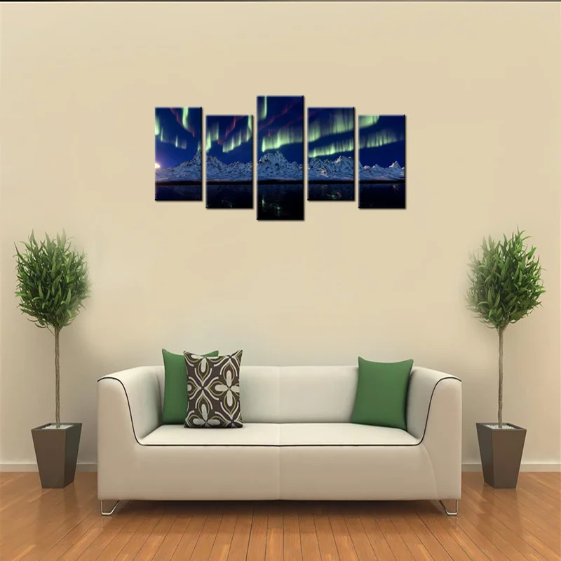 

5 Panels Canvas Wall Art Painting Beautiful Aurora Lights Print Home Decor Poster Modern Living Room Decoration Pictures