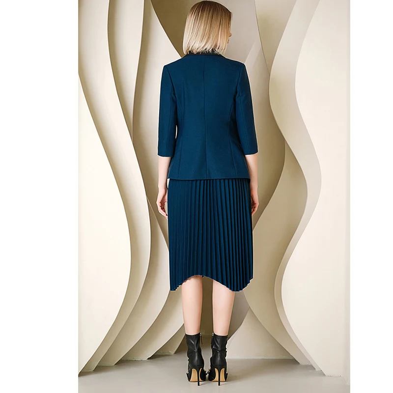 

HarleyFashion Women Summer Suits Half Sleeve Blazer Pleated Skirt Solid Office Lady Asymmetrical 2 Pieces Sets High Quality