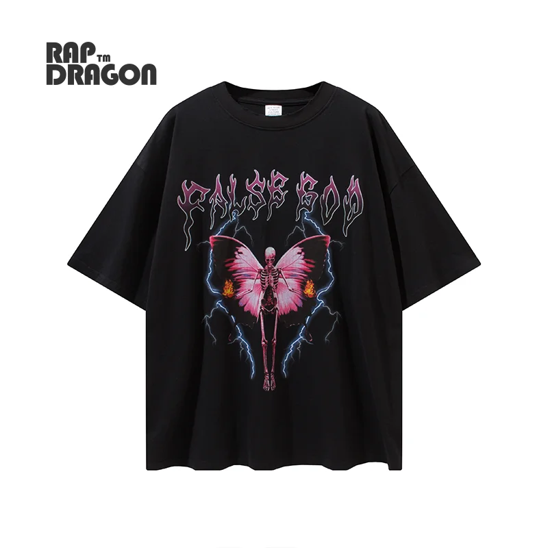 

Hip Hop T-shirt Printing Oversized Fashion Top High Street Devil Butterfly Cotton Round Neck Black Short Sleeve Summer 2021 Tee