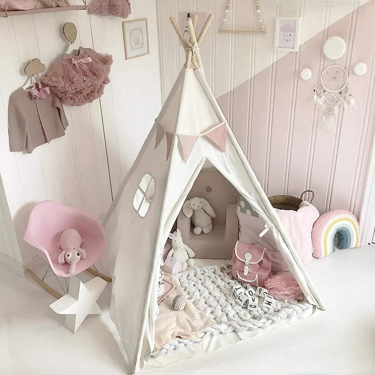 

160cm Large Tipi Triangle Teepee Tent Kids Play Game Playhouse Portable Canvas Sleeping Dome for Home Indoor Outdoor Beach