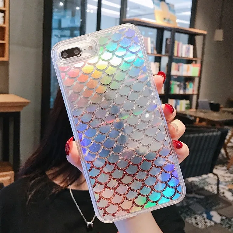 Блестящий лазерный рыбий весы Жидкий чехол для iPhone X Xs Xsmax Xr прозрачный ТПУ