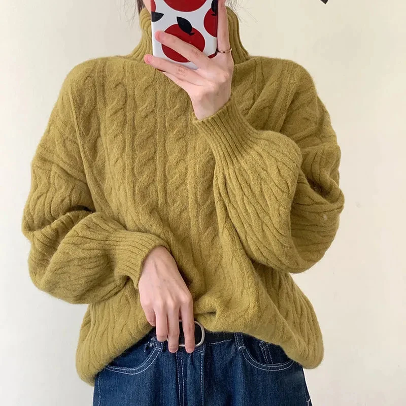 

Винтажная теплая водолазка, однотонный пуловер, свитер, Женский базовый Вязаный Свитер оверсайз с узором, новый плотный студенческий женск...