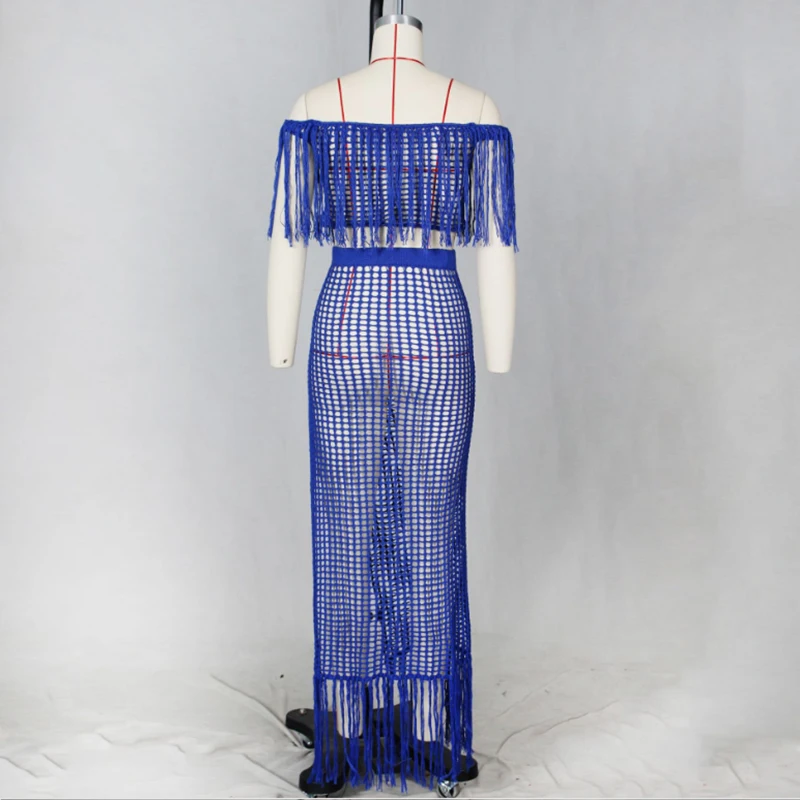 Ажурный вязаный комплект из 2 предметов с кисточками летнее пляжное платье