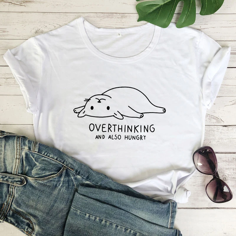 white-black text Overthinking и также голод принт с милой кошкой Футболка женская Tumblr с графикой для хипстеров повседневные футболки топы летние Harajuku Забавные футболки - Цвет: white-black text