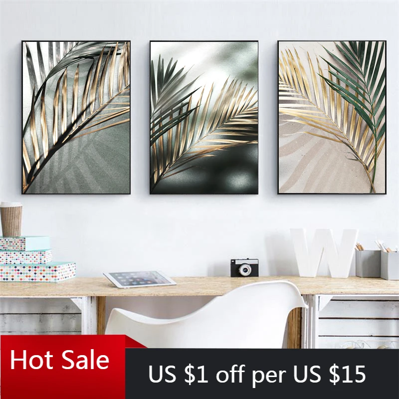 Золотой пальмовых листьев растений холст живописи ботанический скандинавский