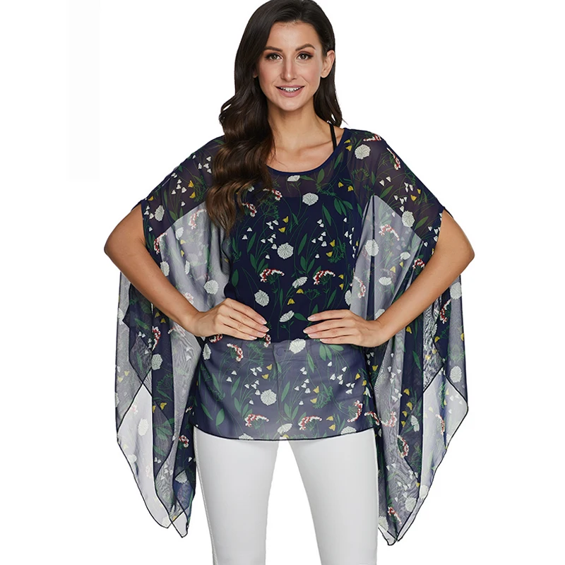 

Plus Size Blouses 2020 New Fashion Women Shirts Floral Printing Batwing Casual Chiffon Blouse Shirt kimono Summer Tops