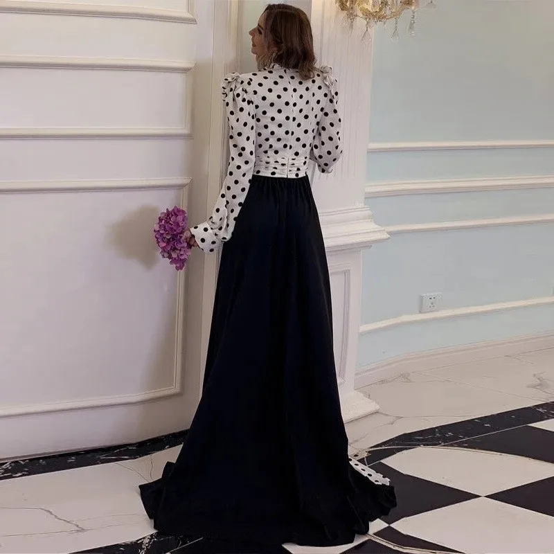 

Fashion Dot Patchwork Women Dress 2020 Sexy Party Night Flare Sleeves Deep V-neck Maxi Dress
