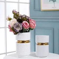 Modern Minimalist Table Centerpiece Cylinder Gold Vase Luxury Decorating White Ceramic Vase for home decor