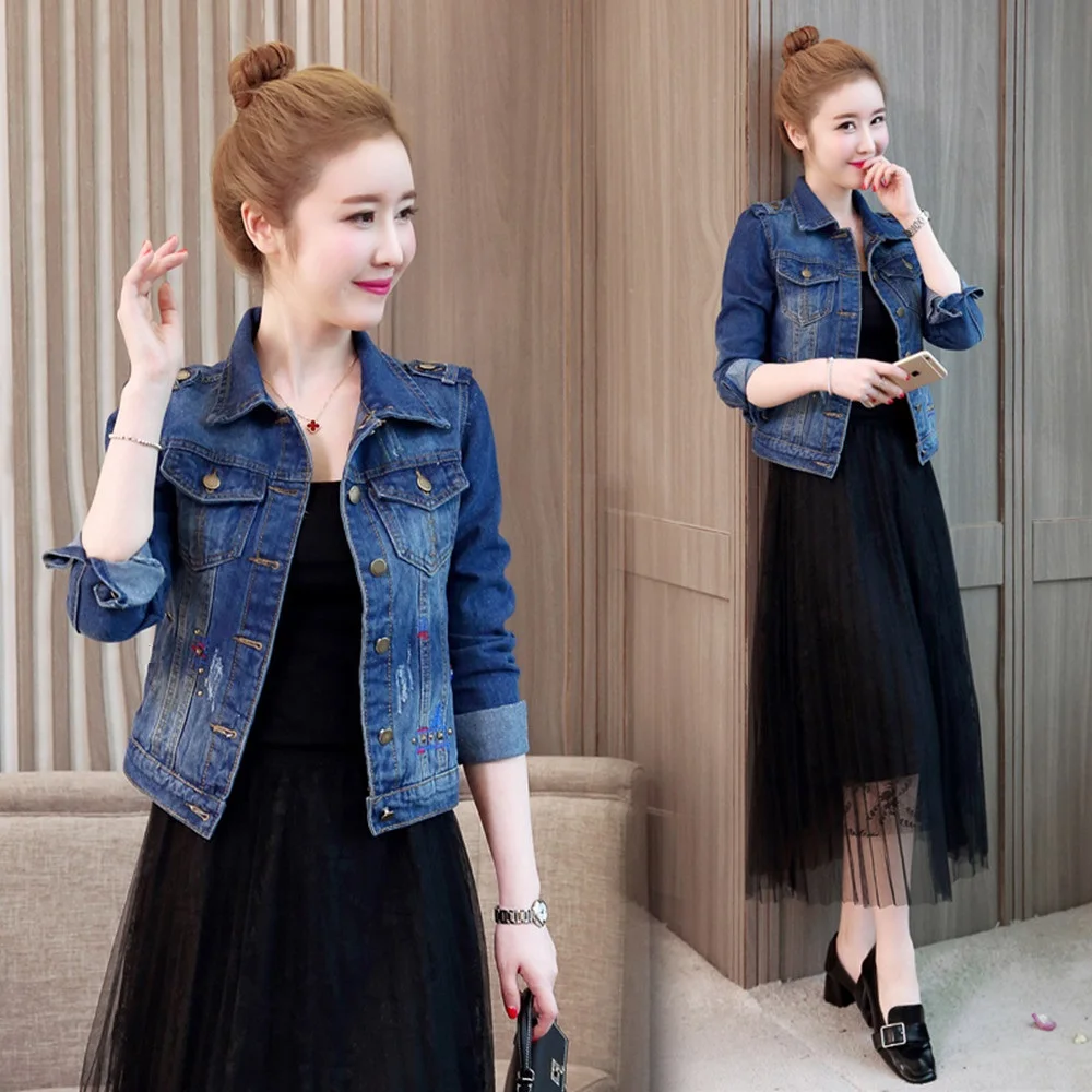 

New Spring Autumn Women Coat Casual Turn-Down Collar Solid Single Button Pocket Slim Jeans Top For Females Short Denim Outerwear