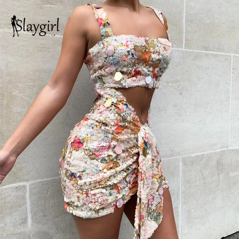 Slaygirl, с блестками, летний, с принтом, сексуальный, комплект из 2 предметов, с открытой спиной, топ и юбка, Женский комплект, платье, комплект из двух частей, женский наряд, уличная одежда
