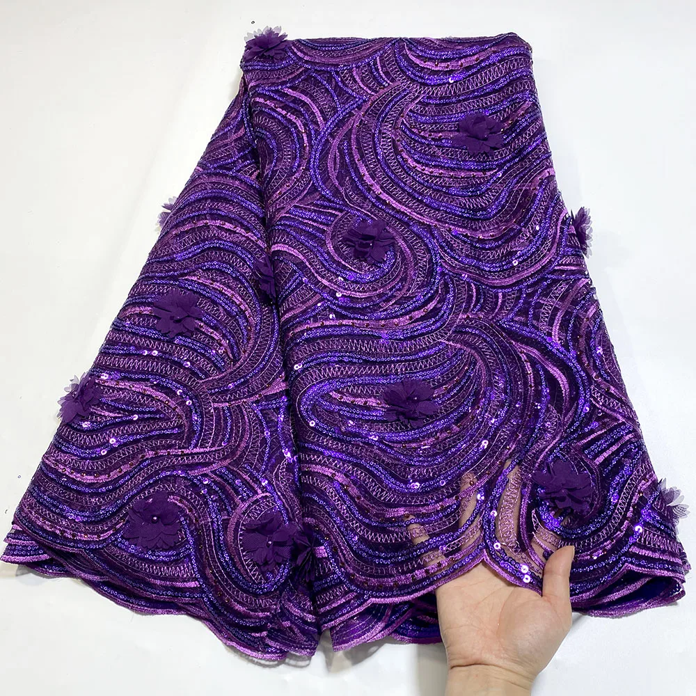 

Purple French Tulle 3D Applique Lace Fabric 2021 High Quality Embroidered African Net Laces Nigerian Fabrics With Sequins