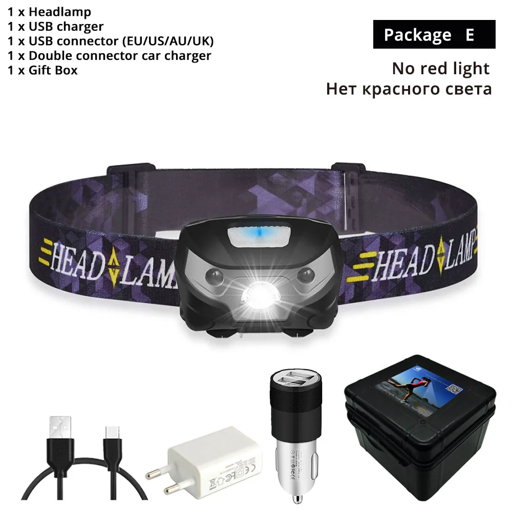 NO red light-E 3000LM мини Перезаряжаемые светодиодные фары движения тела Сенсор светодиодные велосипедов Глава свет лампы Открытый фонарик с USB - Испускаемый цвет: NO red light-E